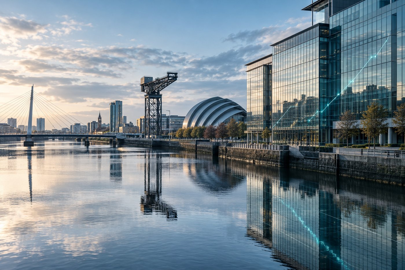 The River Clyde in Glasgow at sunrise, with the SEC Armadillo and the Finnieston Crane